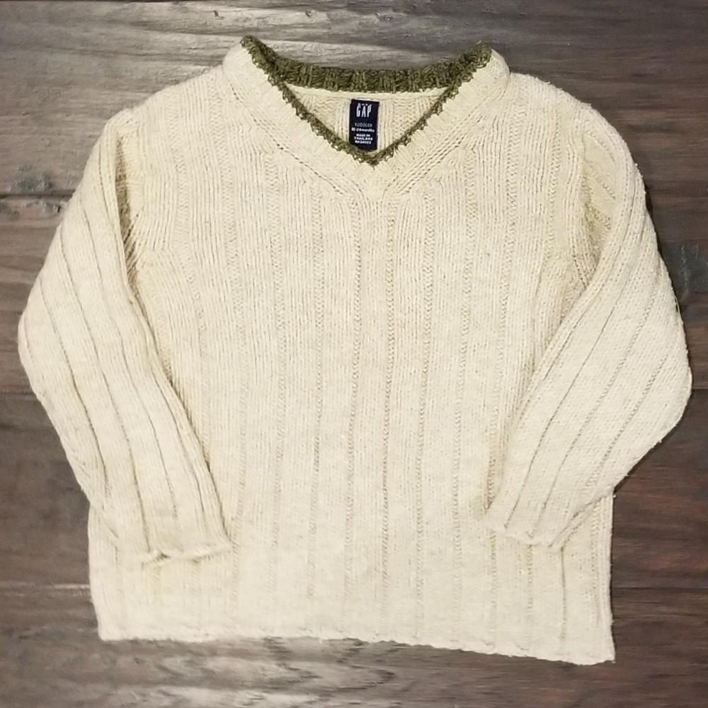 Gap Toddler Tan Sweater with Green Trim Collar